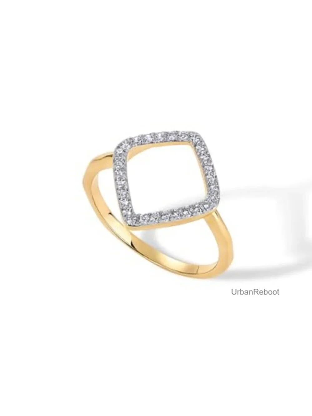 14K Gold Plated Two Toned Geometric Ring with Cubic Zirconia